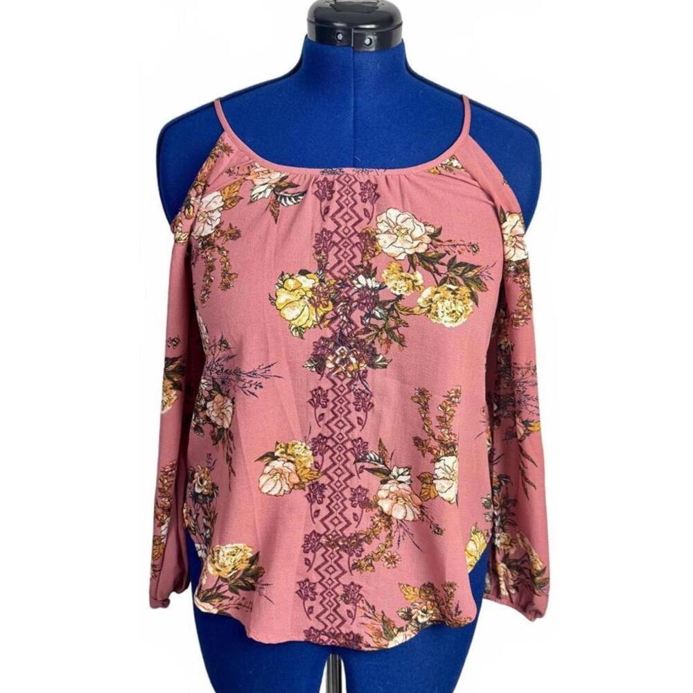 Rewind Cold Shoulder Floral Blouse Boho Peasant Top Dusty Rose Yellow Floral